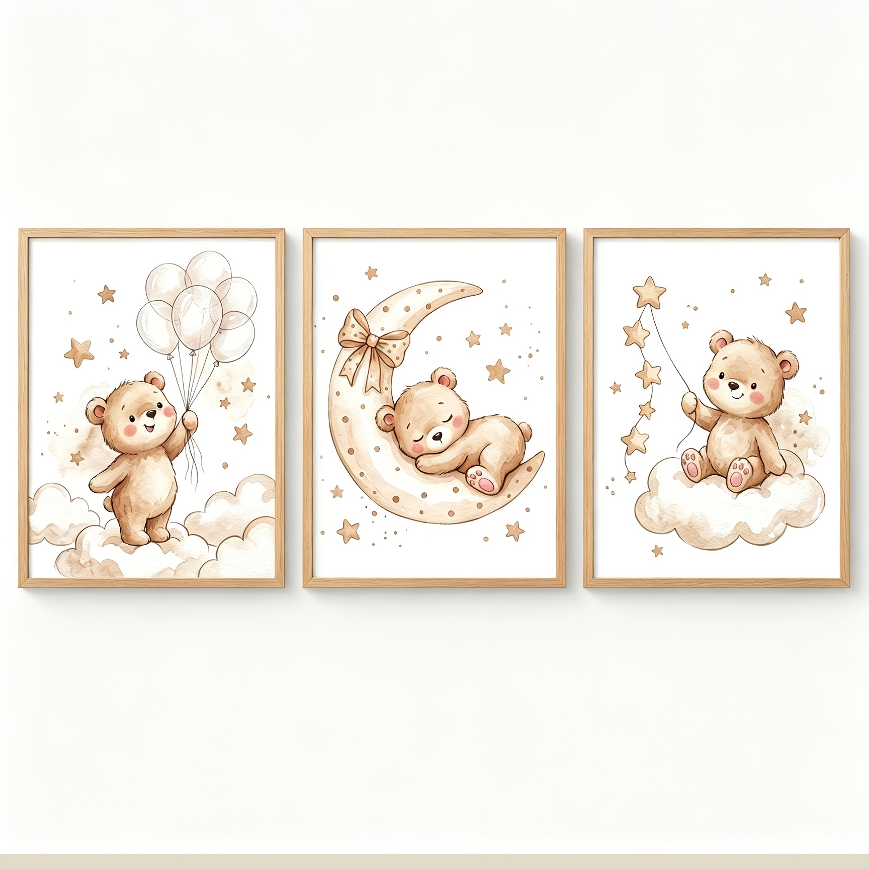 Baby Nursery Gender Neutral - （NOframe 3PCS）-2D Flat, Kawaii Sleeping Bear