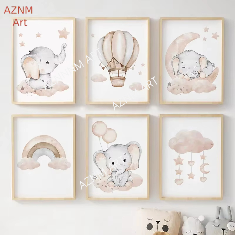 Baby Nursery Images - Elephant Balloon Rainbow Moon Stars Cloud