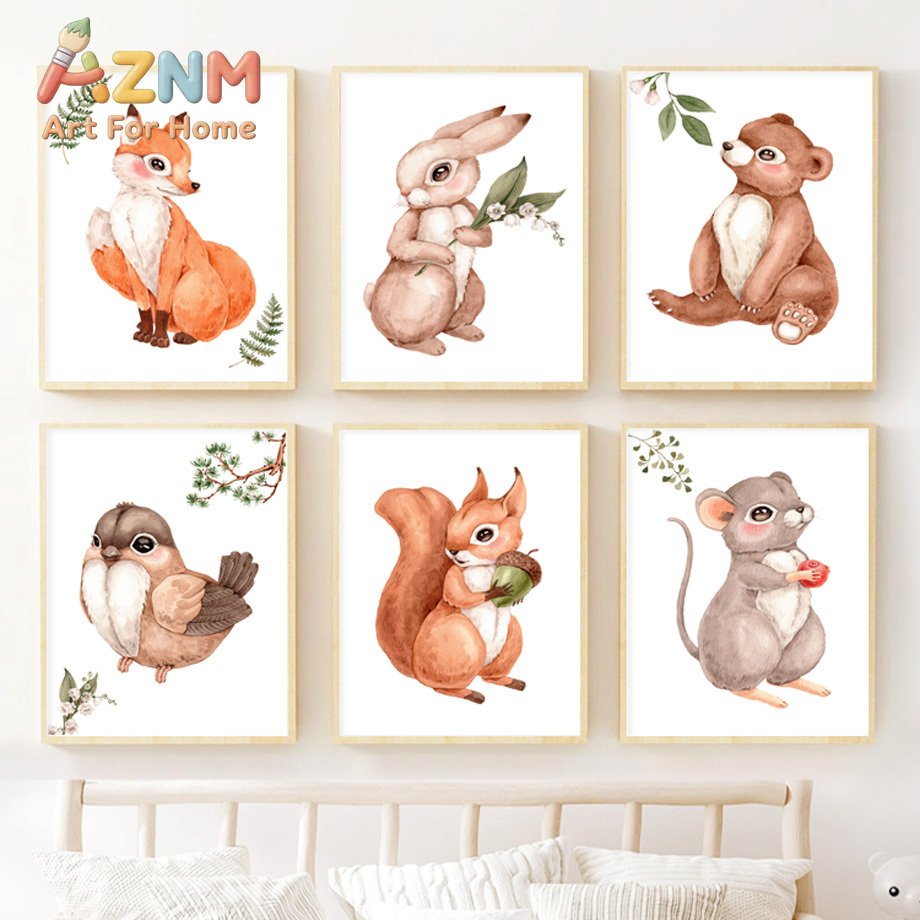 Baby Nursery Gender Neutral - Watercolor Woodland Animal Nursery Wall Art
