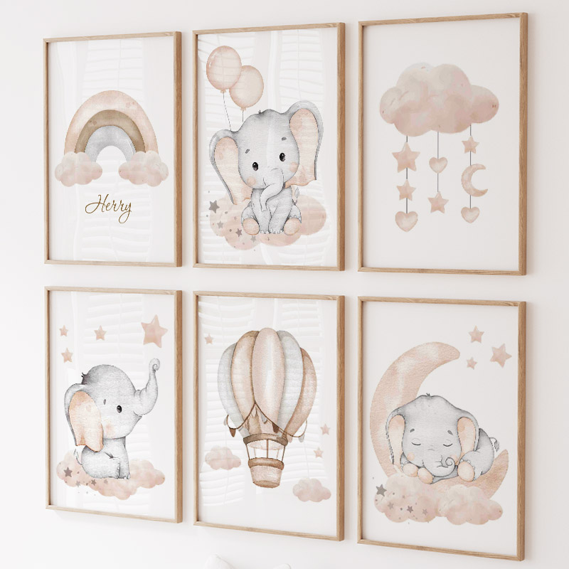 Baby Nursery Wall Art - Cute Elephant Hot Balloon Moon Rainbow
