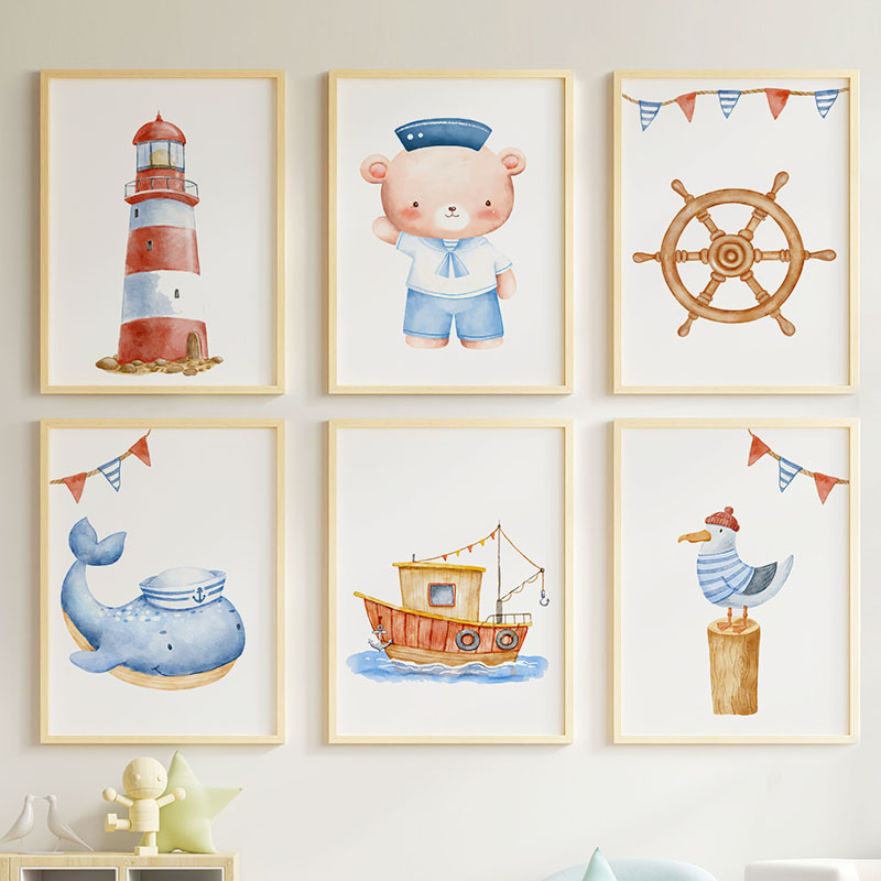 Bear Whale Sailboat Lighthouse - Baby Nursery Wall Art recension och pris